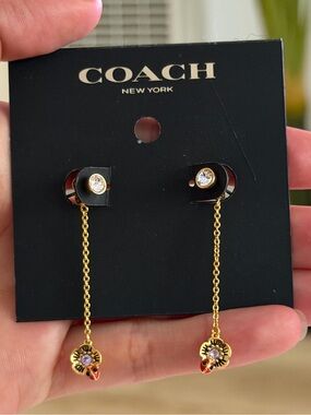 NWT Coach Gold-Tone Drop Earrings with Clear Stones and Red Enamel